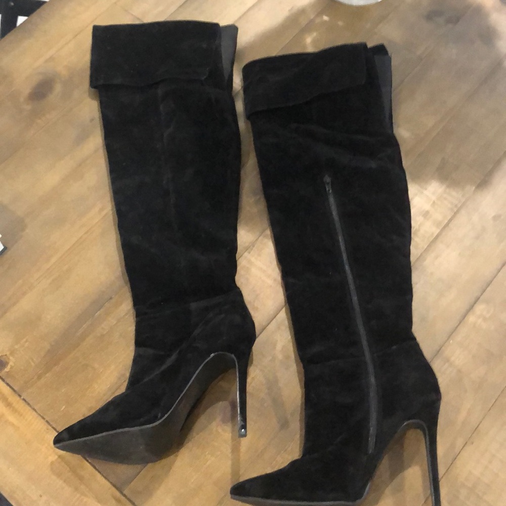 Black velvet thigh high boots